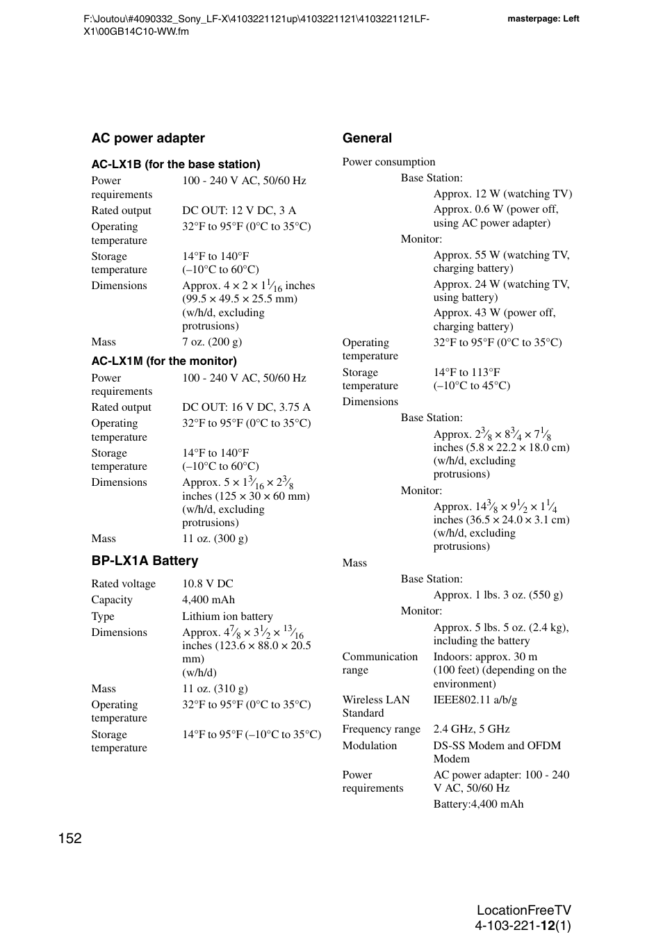 Ac power adapter, Bp-lx1a battery, General | Sony LF-X1 User Manual | Page 152 / 160