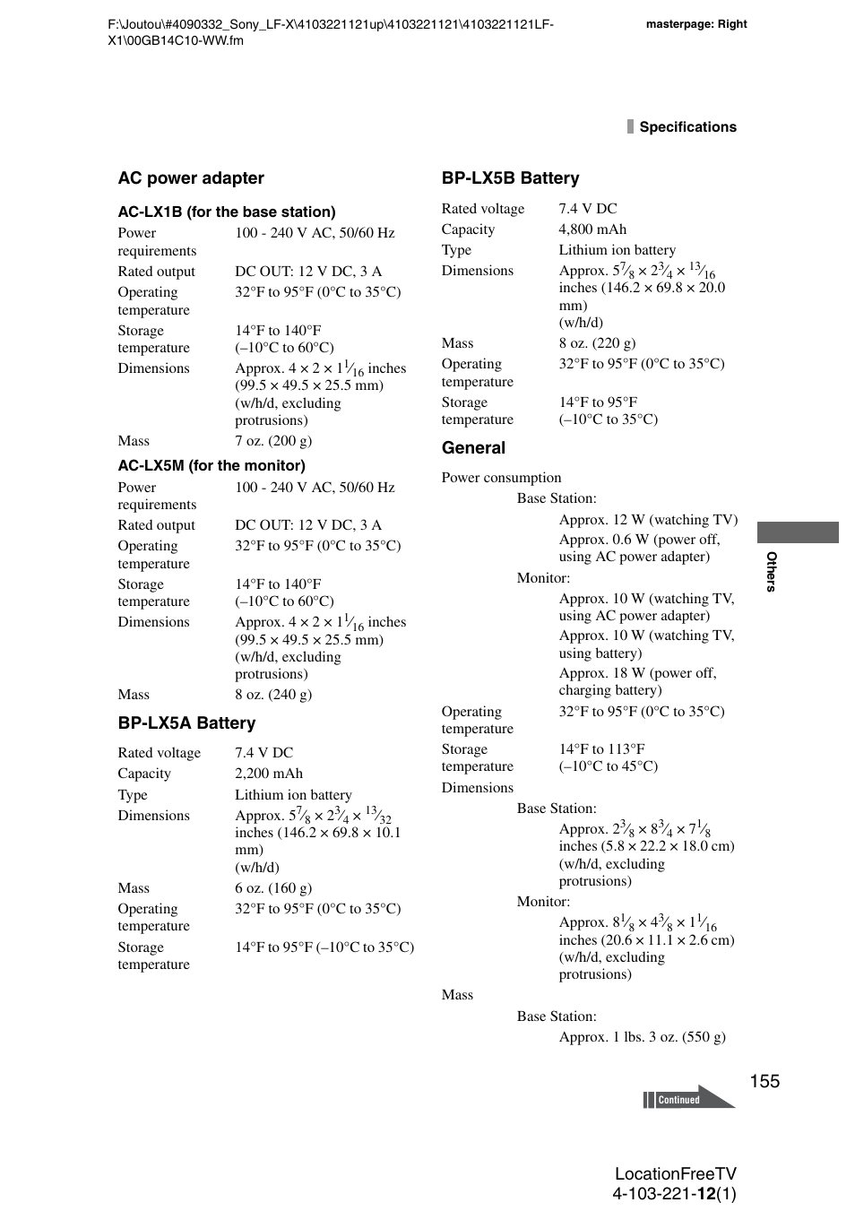 Ac power adapter, Bp-lx5a battery, Bp-lx5b battery | General | Sony LF-X1 User Manual | Page 155 / 160