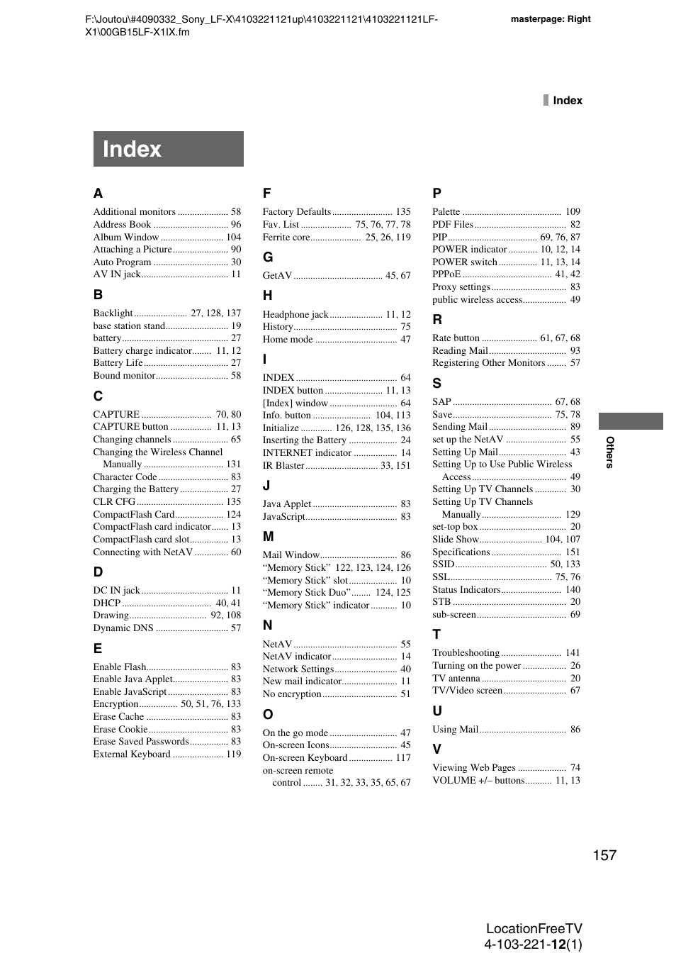 Index | Sony LF-X1 User Manual | Page 157 / 160