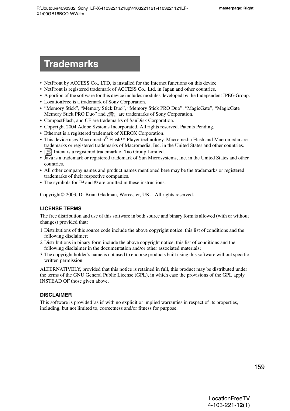 Trademarks | Sony LF-X1 User Manual | Page 159 / 160
