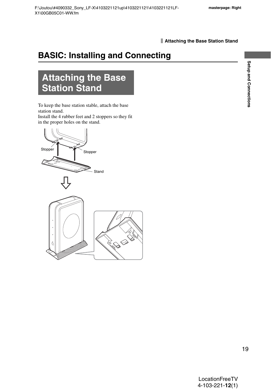 Attaching the base station stand, Basic: installing and connecting | Sony LF-X1 User Manual | Page 19 / 160