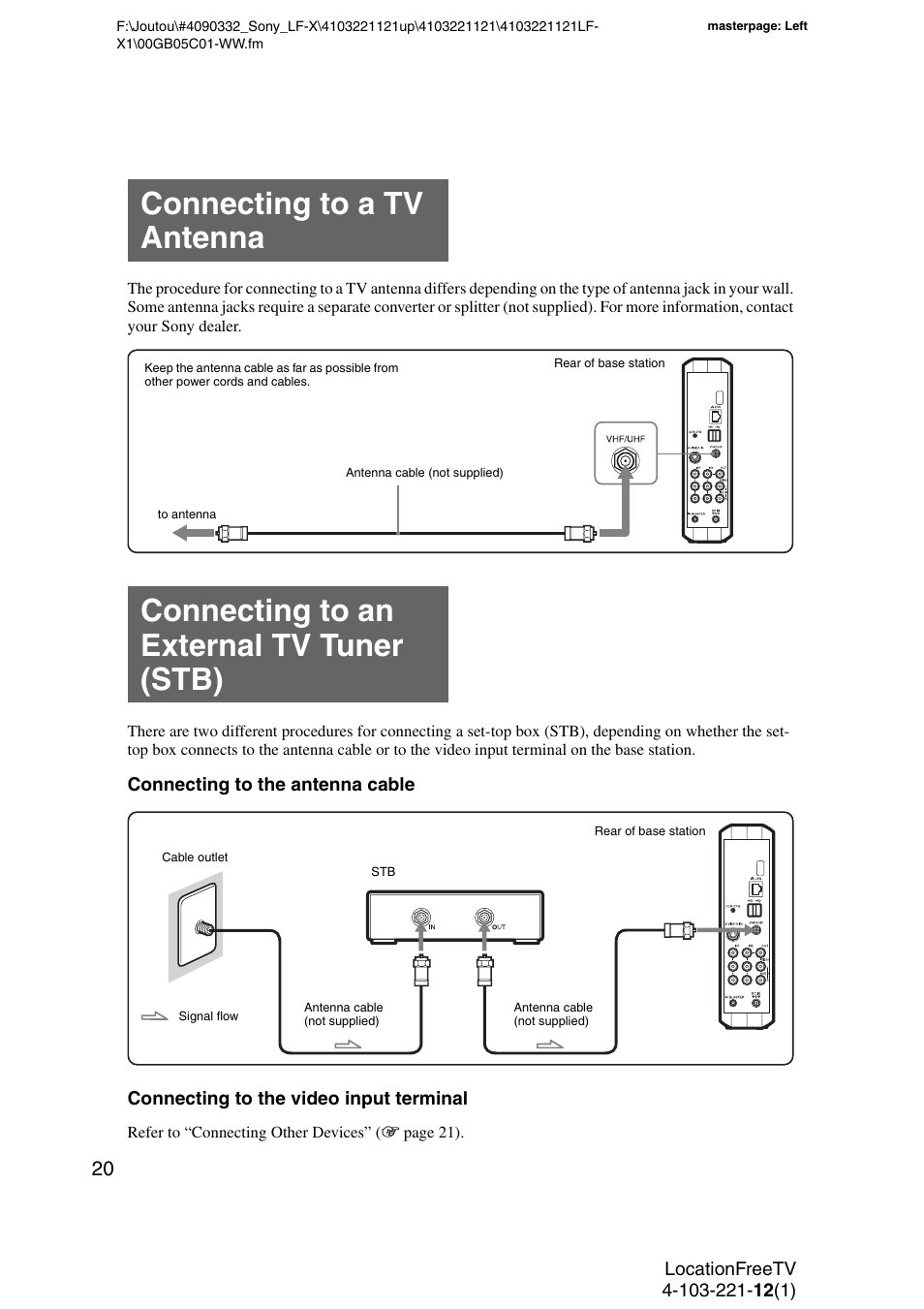 Connecting to a tv antenna, Connecting to an external tv tuner (stb), Vhf/uhf jack | Sony LF-X1 User Manual | Page 20 / 160