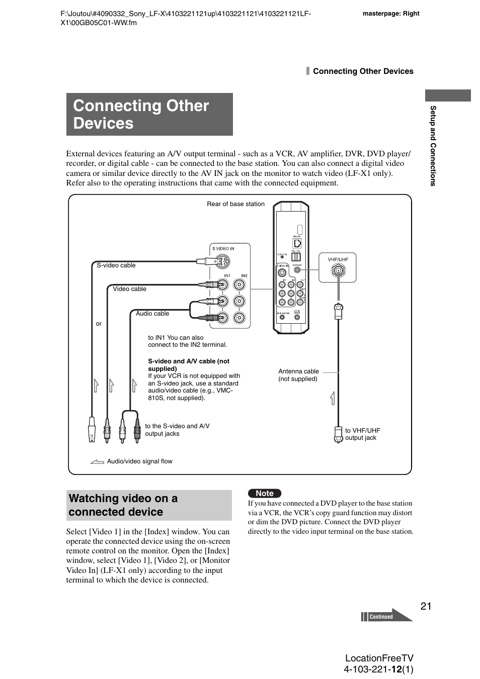 Connecting other devices, Watching video on a connected device, Terminal | Udio/video) terminal | Sony LF-X1 User Manual | Page 21 / 160