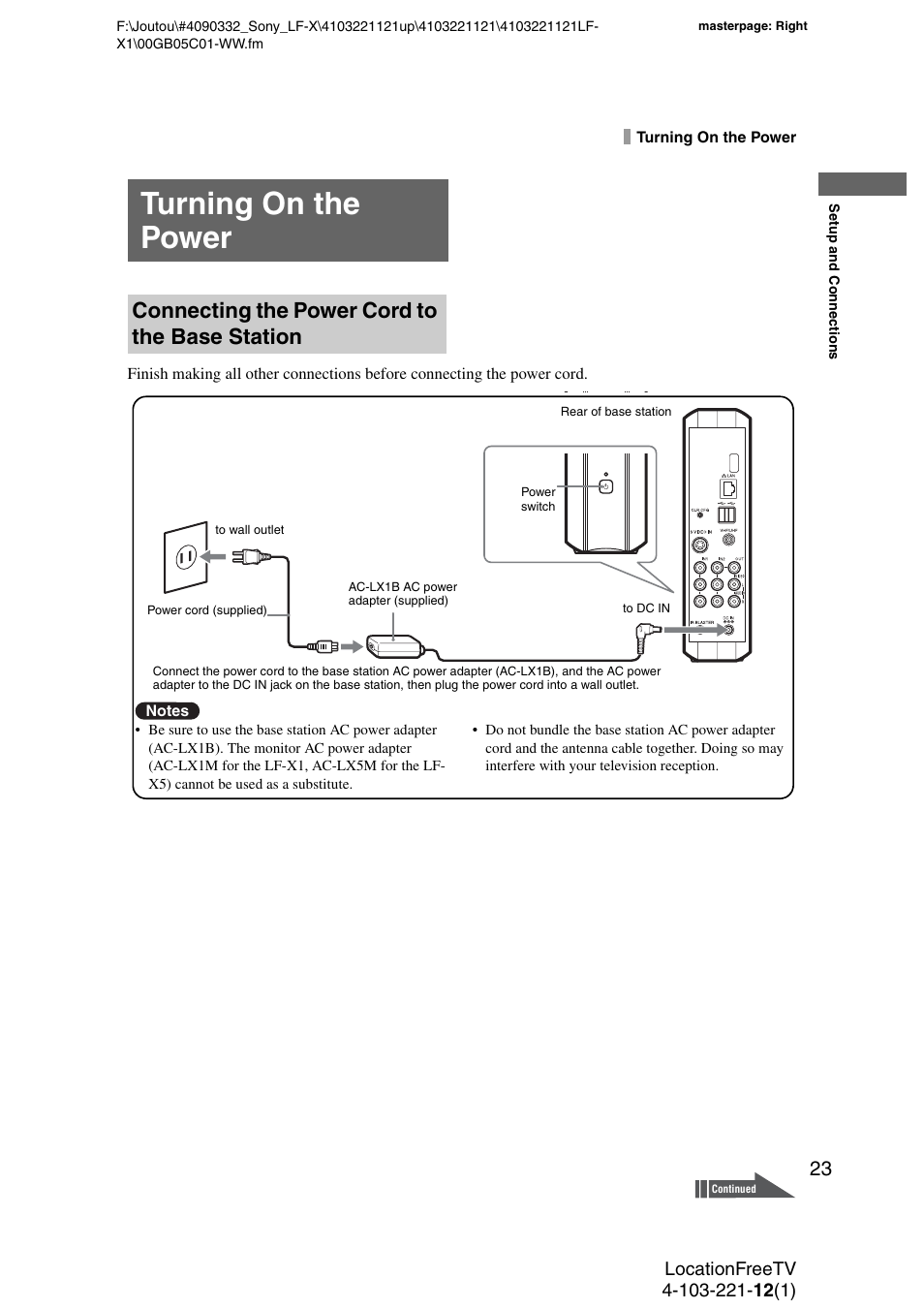 Turning on the power, Connecting the power cord to the base station | Sony LF-X1 User Manual | Page 23 / 160
