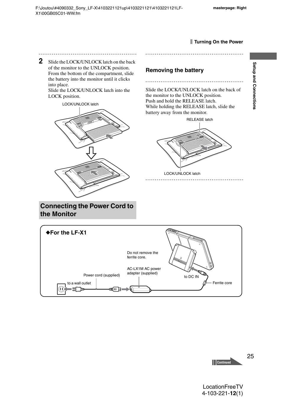 Connecting the power cord to the monitor, Removing the battery, For the lf-x1 | Sony LF-X1 User Manual | Page 25 / 160