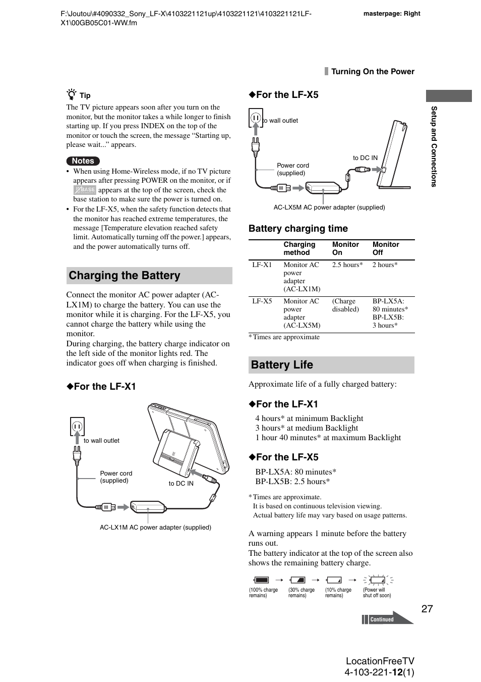 Charging the battery, Battery life, Ge indicator | For the lf-x1, For the lf-x5 | Sony LF-X1 User Manual | Page 27 / 160