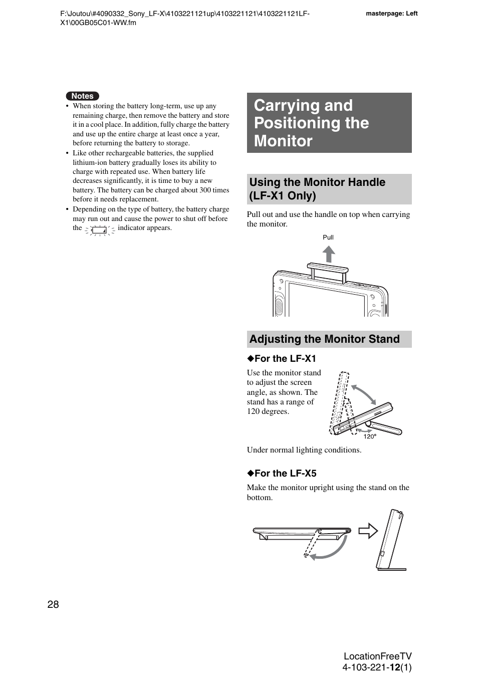 Carrying and positioning the monitor, Using the monitor handle (lf-x1 only), Adjusting the monitor stand | Monitor handle | Sony LF-X1 User Manual | Page 28 / 160