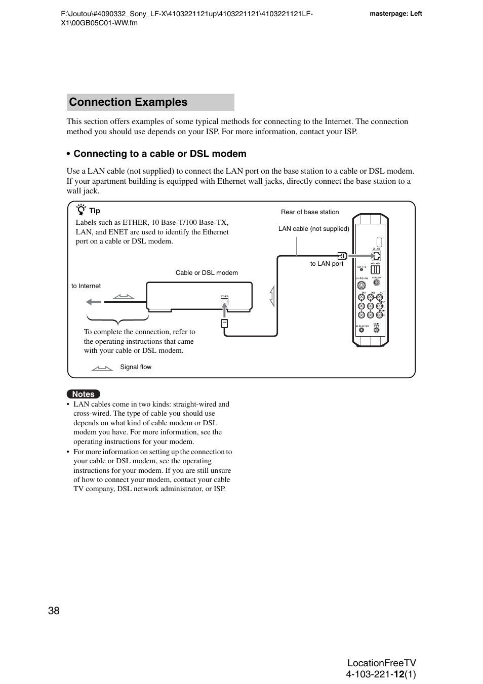 Connection examples, Ages 38 and, Connecting to a cable or dsl modem | Sony LF-X1 User Manual | Page 38 / 160