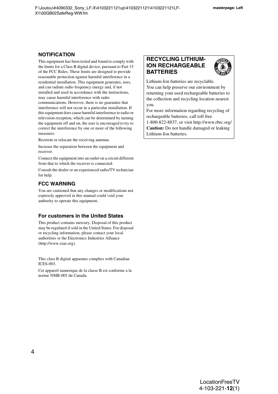 Recycling lithium- ion rechargeable batteries | Sony LF-X1 User Manual | Page 4 / 160