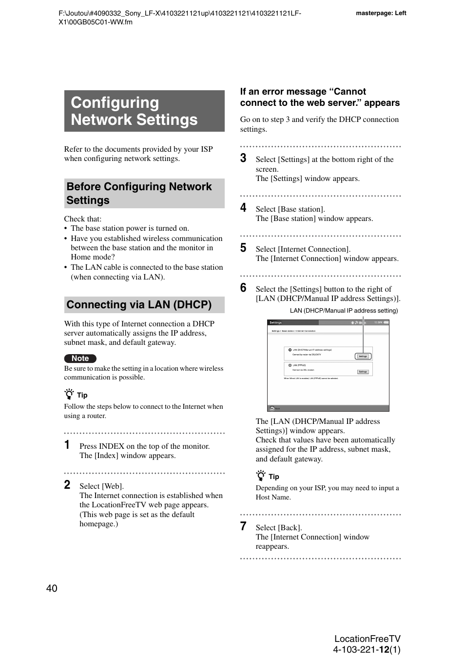 Configuring network settings, Before configuring network settings, Connecting via lan (dhcp) | Sony LF-X1 User Manual | Page 40 / 160