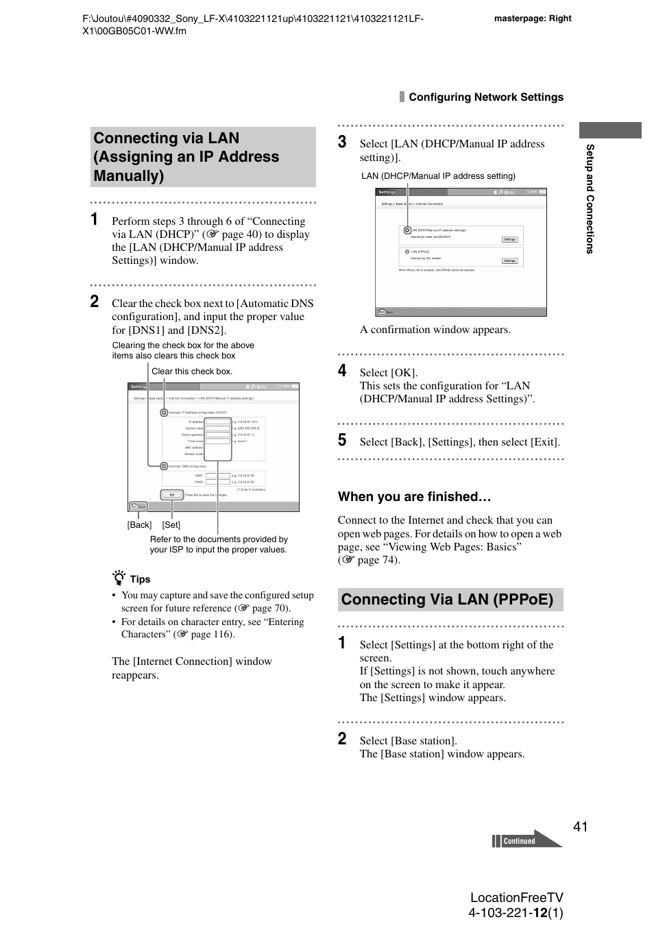Connecting via lan (pppoe) | Sony LF-X1 User Manual | Page 41 / 160