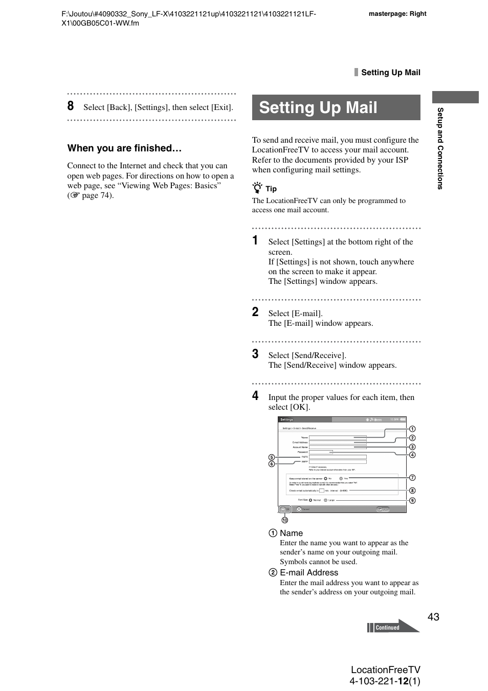 Setting up mail | Sony LF-X1 User Manual | Page 43 / 160