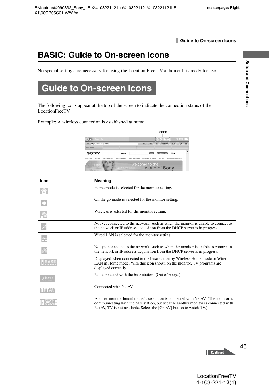 Guide to on-screen icons, Basic: guide to on-screen icons | Sony LF-X1 User Manual | Page 45 / 160