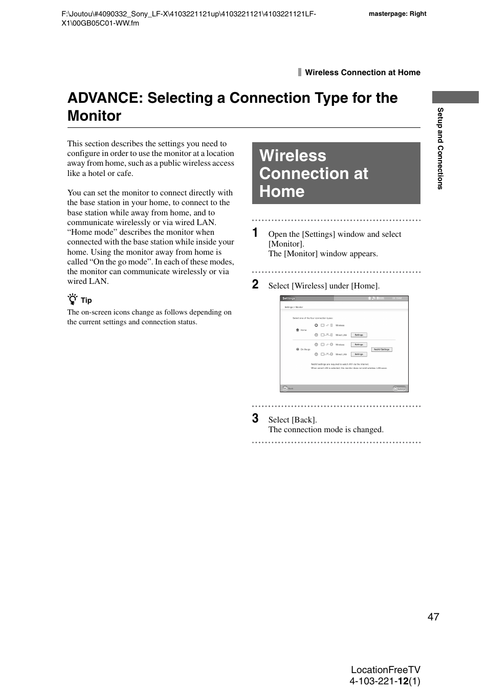 Wireless connection at home, Advance: selecting a connection type for the, Monitor | Sony LF-X1 User Manual | Page 47 / 160