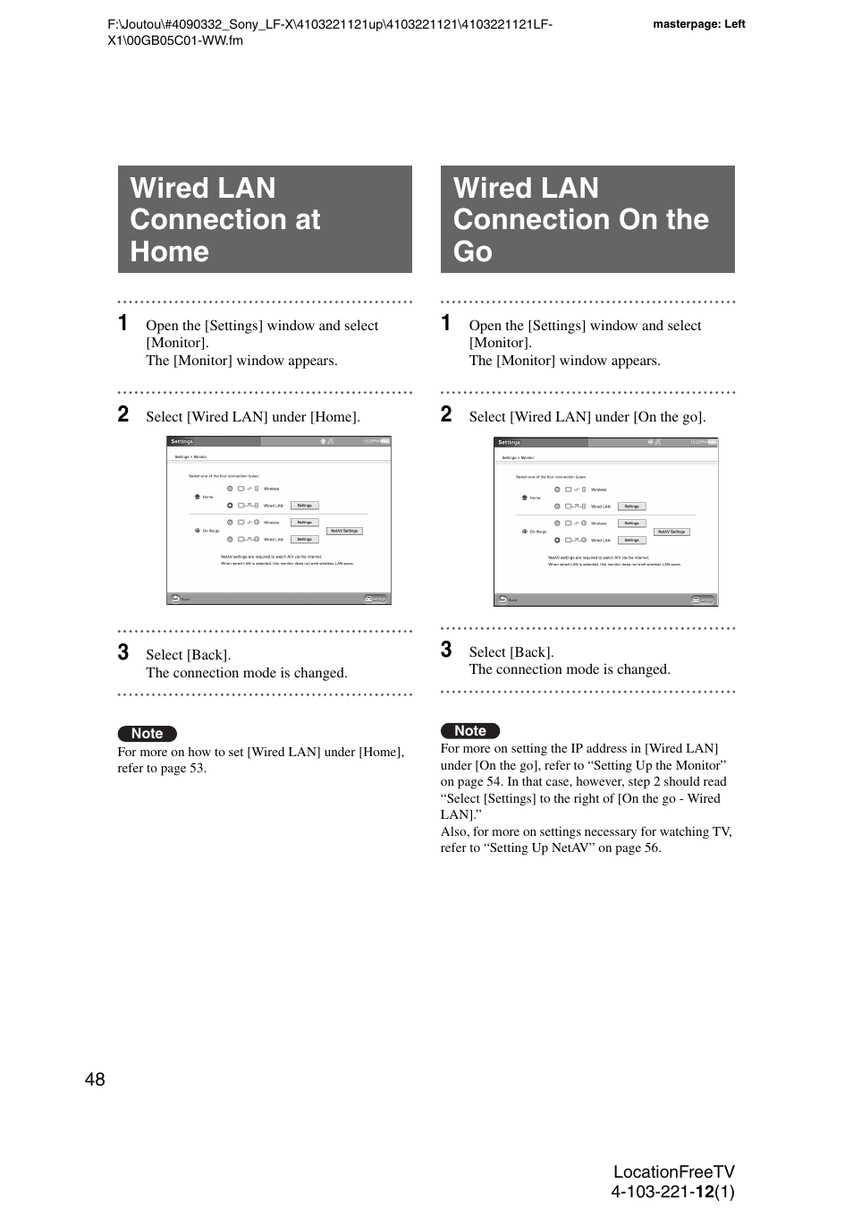 Wired lan connection at home, Wired lan connection on the go | Sony LF-X1 User Manual | Page 48 / 160