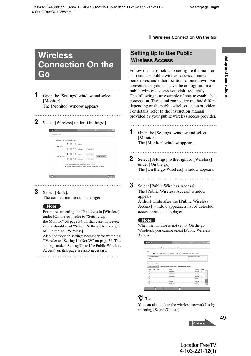 Wireless connection on the go, Setting up to use public wireless access | Sony LF-X1 User Manual | Page 49 / 160