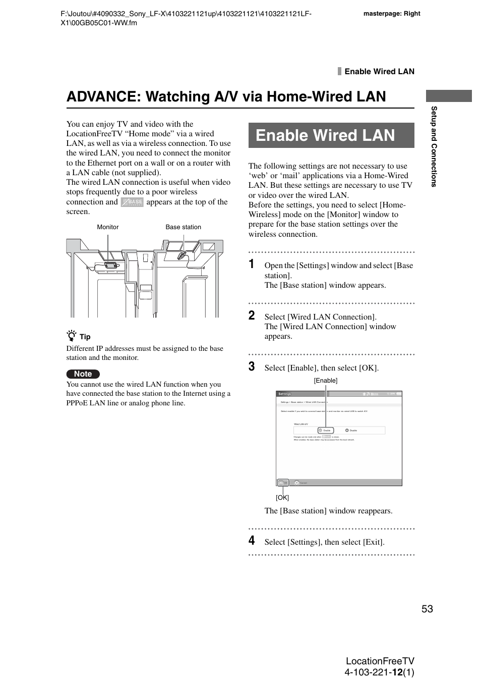Enable wired lan, Advance: watching a/v via home-wired lan | Sony LF-X1 User Manual | Page 53 / 160