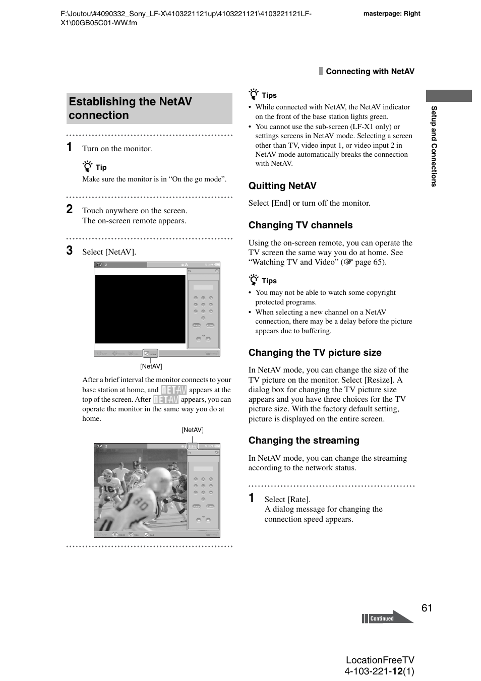 Establishing the netav connection | Sony LF-X1 User Manual | Page 61 / 160
