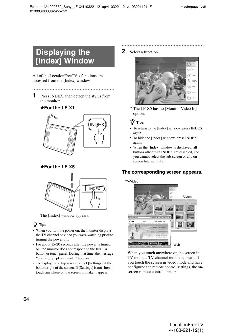 Displaying the [index] window | Sony LF-X1 User Manual | Page 64 / 160