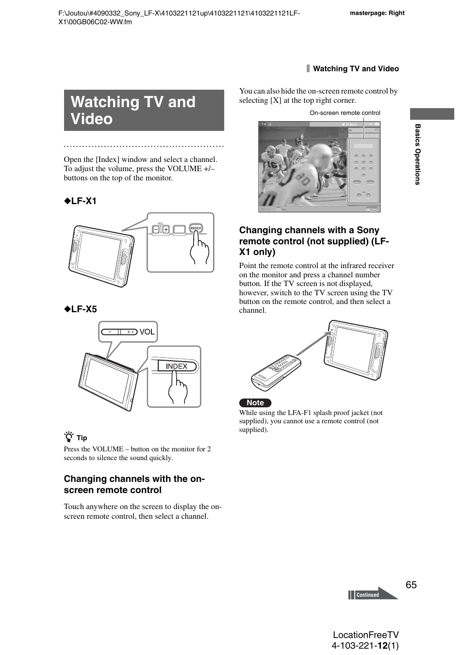 Watching tv and video, Ttons | Sony LF-X1 User Manual | Page 65 / 160