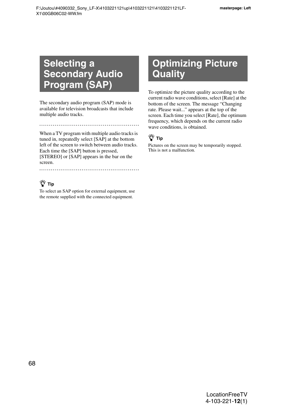 Selecting a secondary audio program (sap), Optimizing picture quality | Sony LF-X1 User Manual | Page 68 / 160