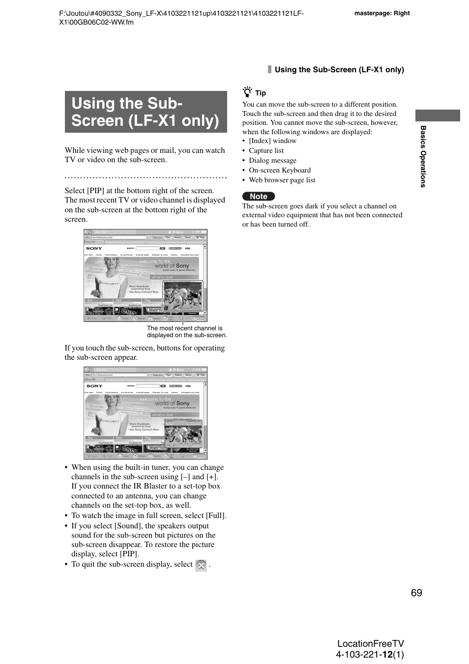 Using the sub- screen (lf-x1 only), Using the sub-screen (lf-x1 only) | Sony LF-X1 User Manual | Page 69 / 160