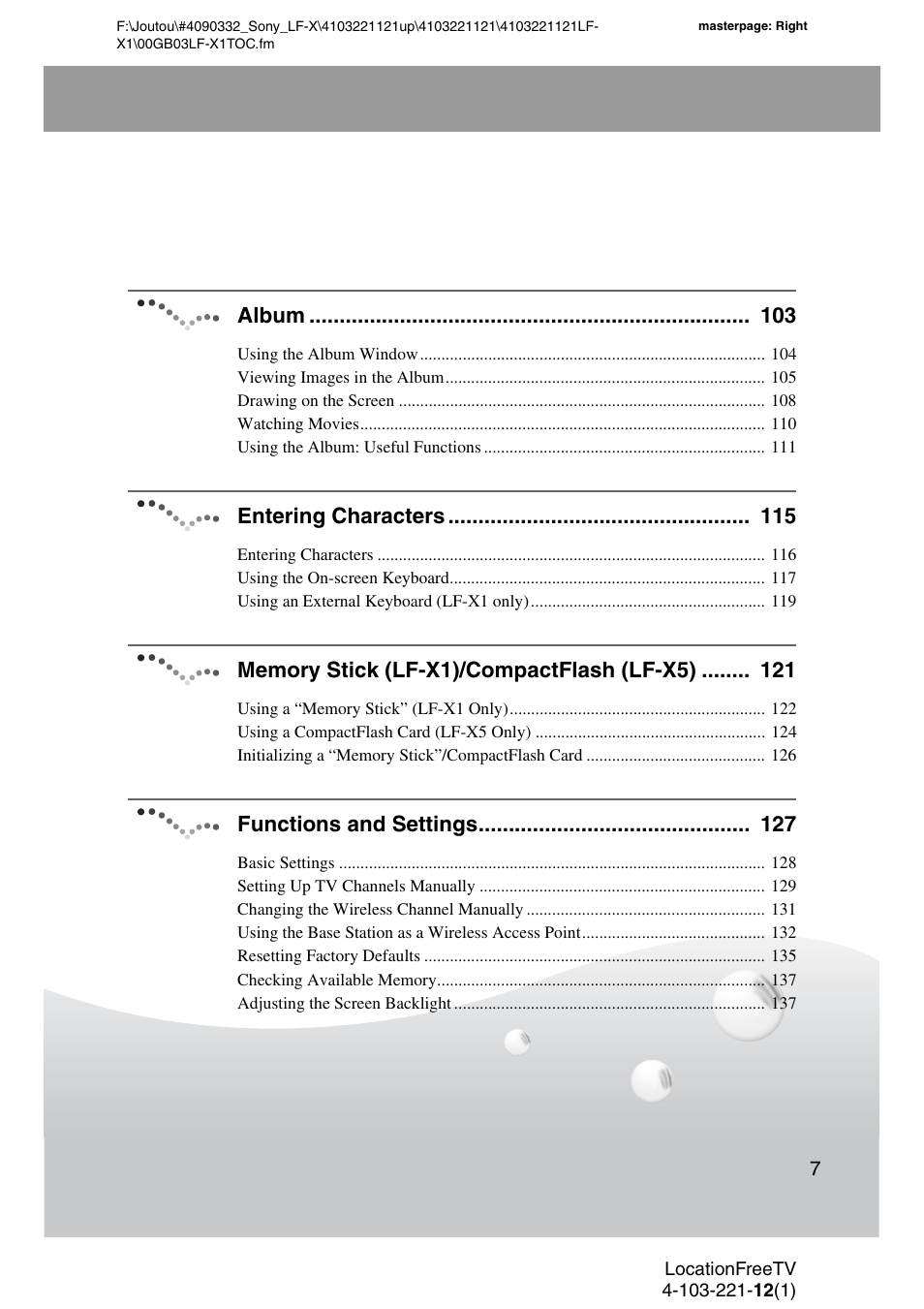 Album, Entering characters, Functions and settings | Sony LF-X1 User Manual | Page 7 / 160