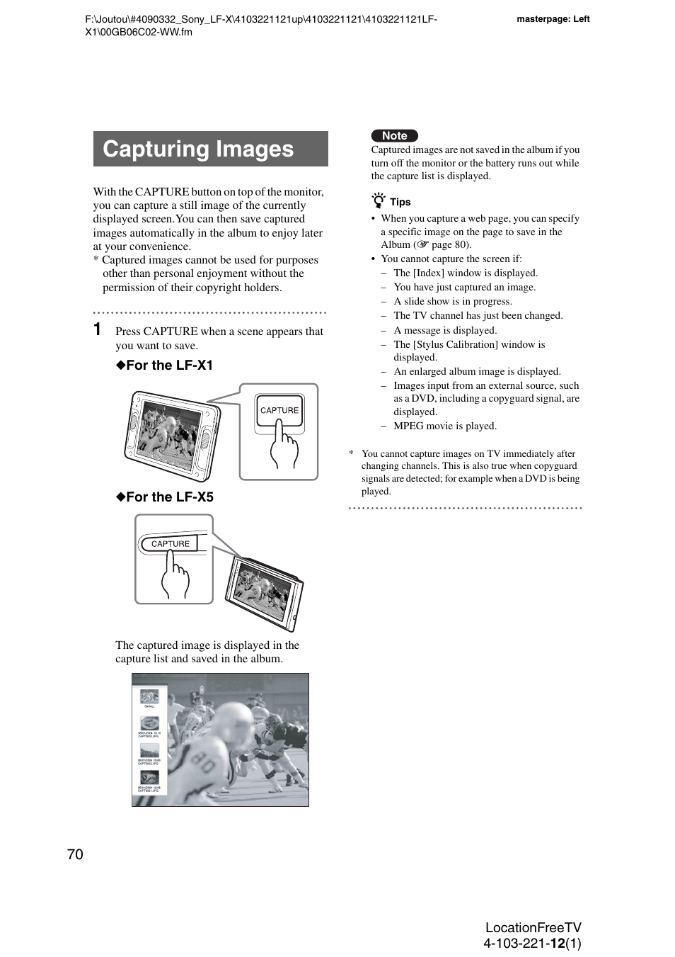 Capturing images, Tton | Sony LF-X1 User Manual | Page 70 / 160
