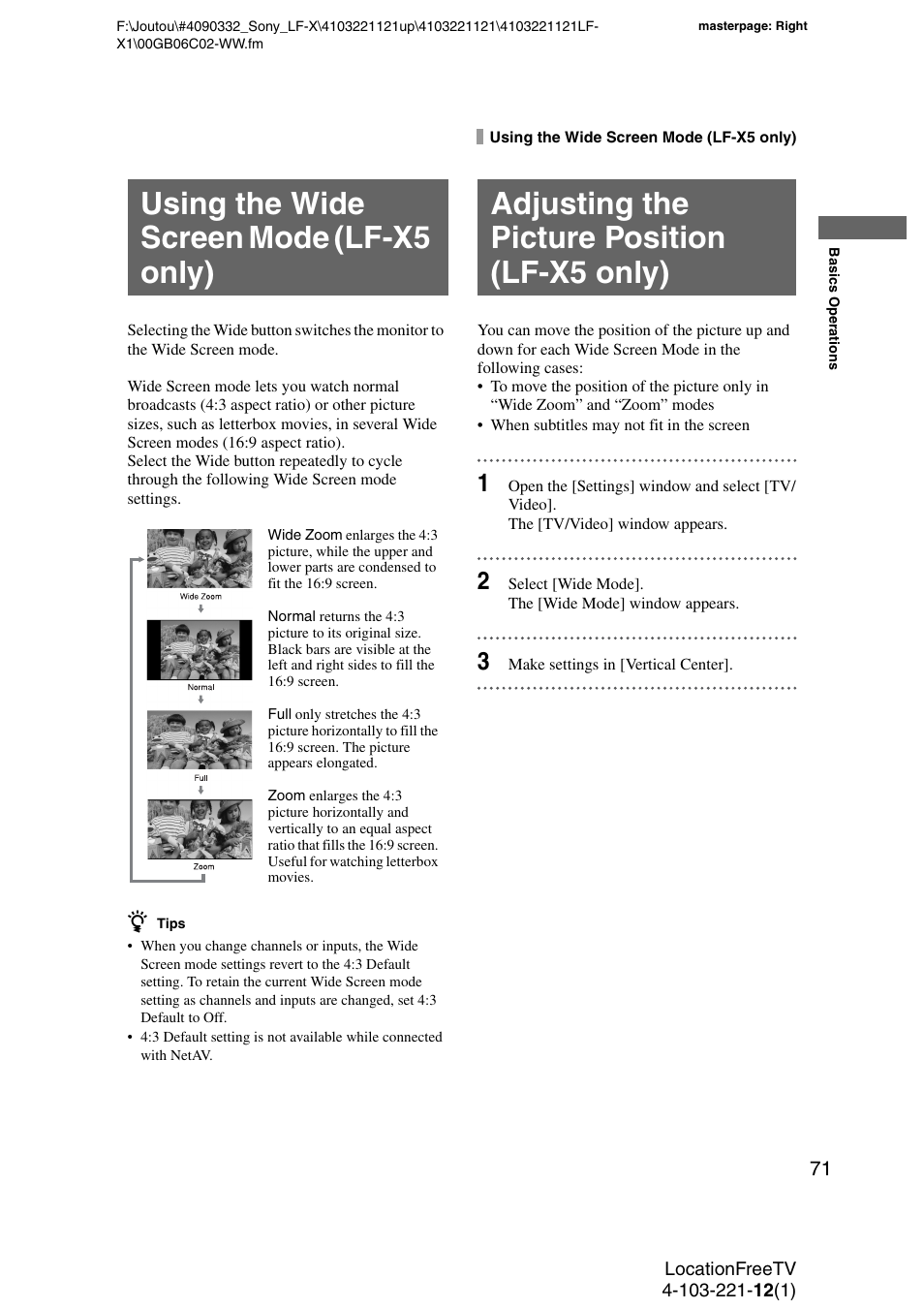 Using the wide screen mode (lf-x5 only), Adjusting the picture position (lf-x5 only) | Sony LF-X1 User Manual | Page 71 / 160
