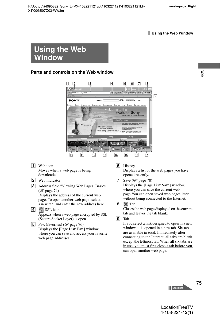 Using the web window | Sony LF-X1 User Manual | Page 75 / 160