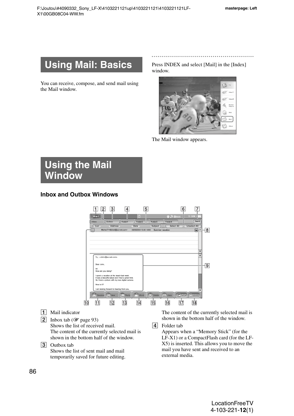 Using mail: basics, Using the mail window, Using mail: basics using the mail window | Sony LF-X1 User Manual | Page 86 / 160