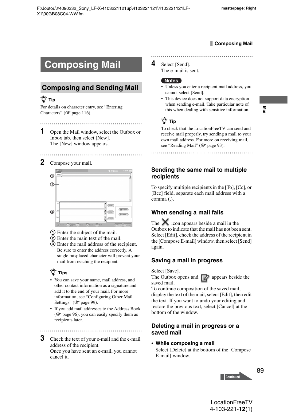 Composing mail, Composing and sending mail | Sony LF-X1 User Manual | Page 89 / 160