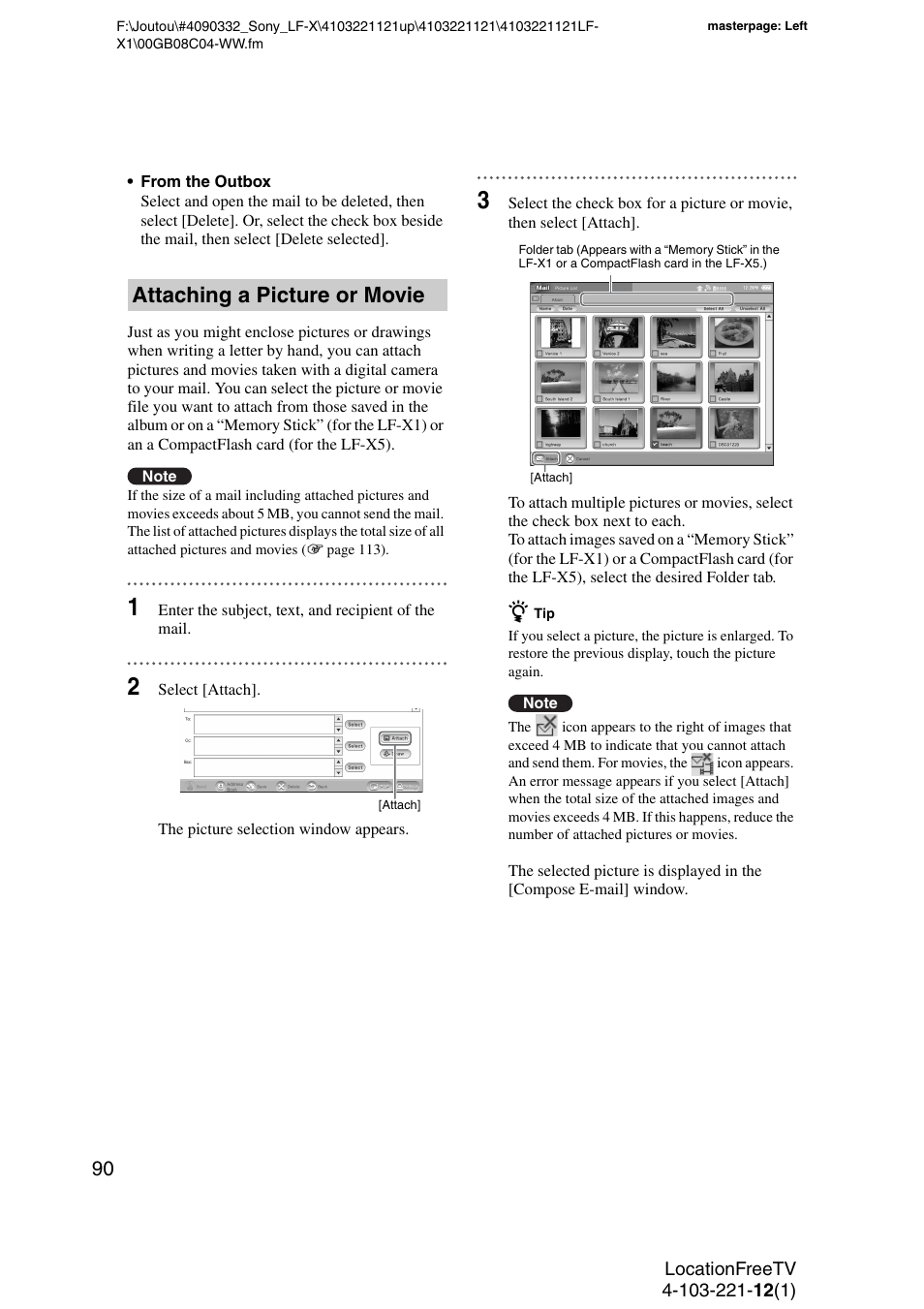 Attaching a picture or movie | Sony LF-X1 User Manual | Page 90 / 160