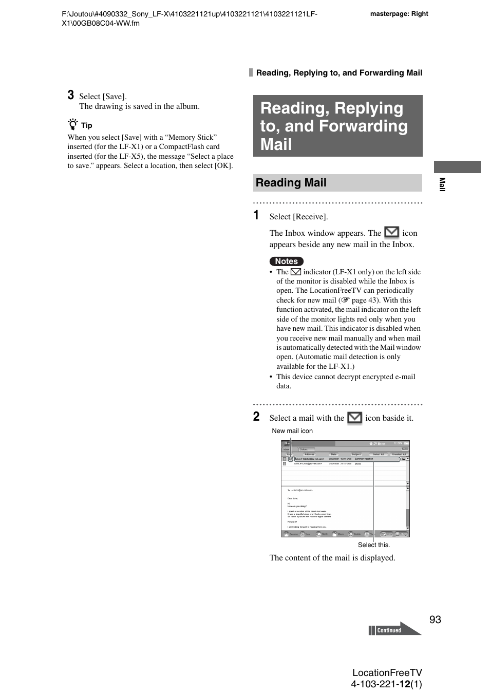 Reading, replying to, and forwarding mail, Reading mail, Dicator | Reading, Mail, See “reading mail | Sony LF-X1 User Manual | Page 93 / 160
