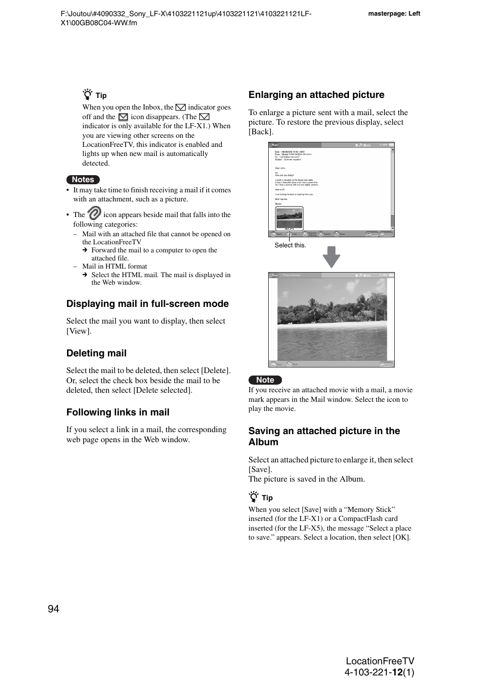 Displaying mail in full-screen mode, Deleting mail, Following links in mail | Enlarging an attached picture, Saving an attached picture in the album | Sony LF-X1 User Manual | Page 94 / 160