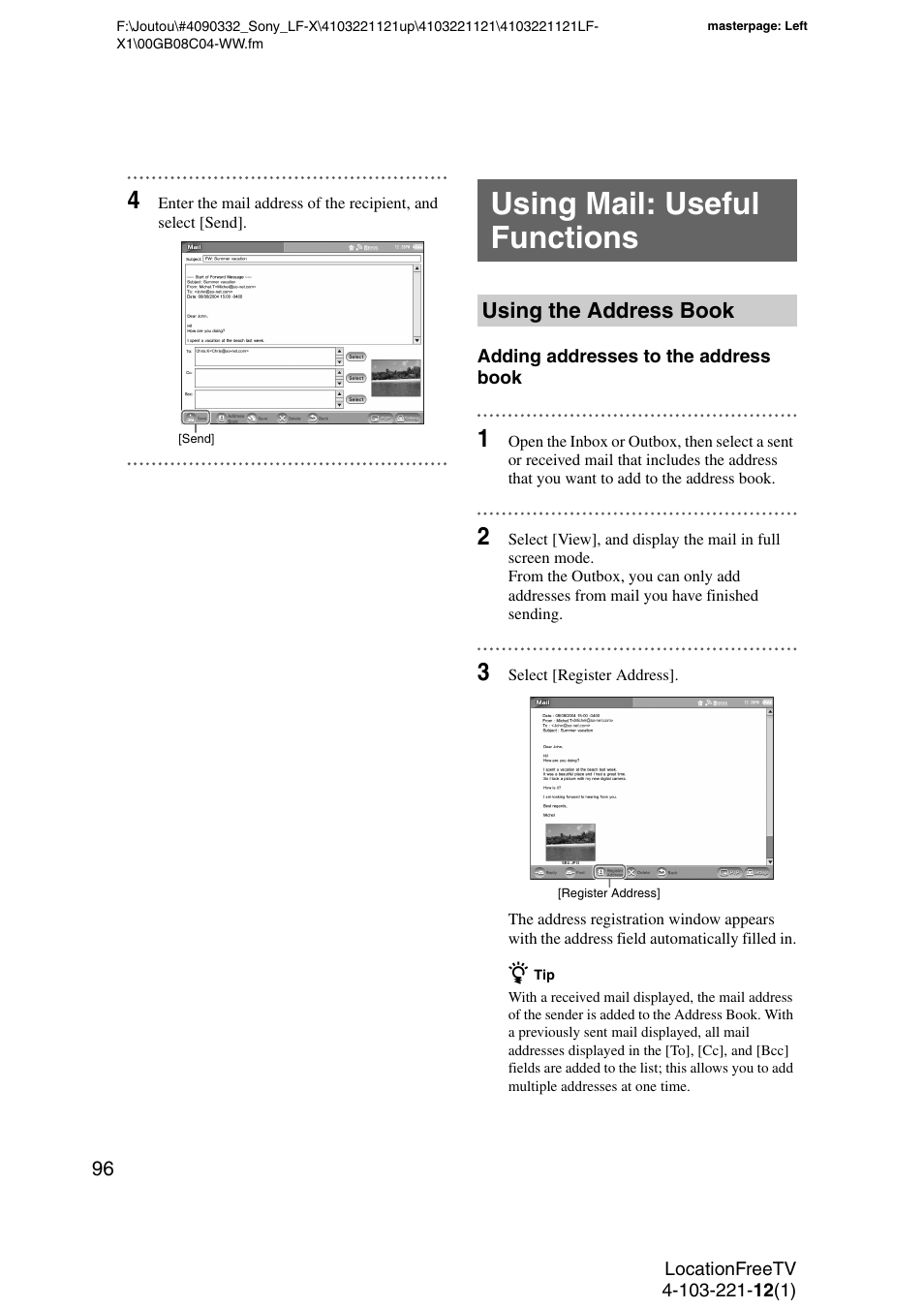 Using mail: useful functions, Using the address book | Sony LF-X1 User Manual | Page 96 / 160