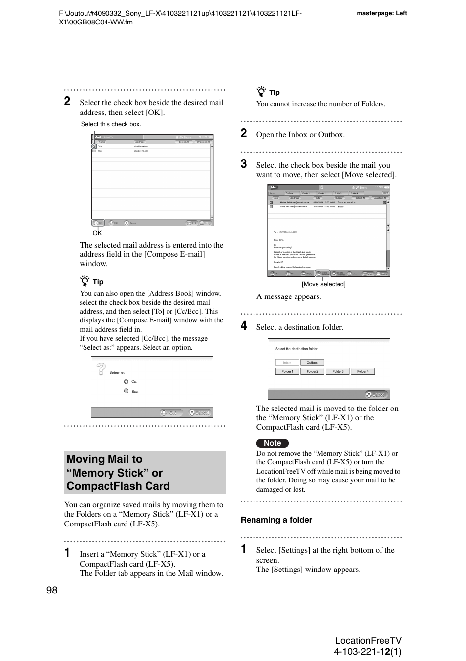 Moving mail to “memorystick” or compactflashcard, Moving mail to “memory stick” or compactflash card | Sony LF-X1 User Manual | Page 98 / 160