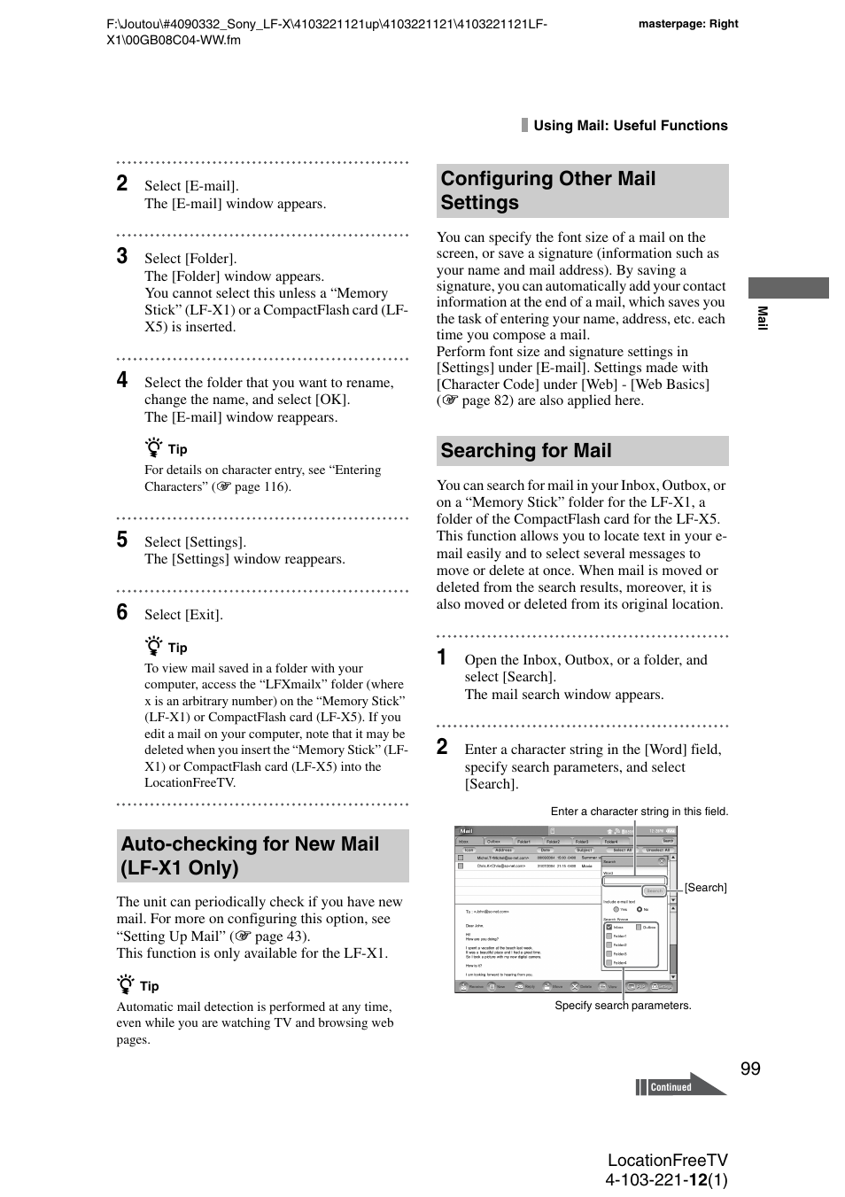 Auto-checking for new mail (lf-x1 only), Configuring other mail settings, Searching for mail | E “configuring other mail settings | Sony LF-X1 User Manual | Page 99 / 160
