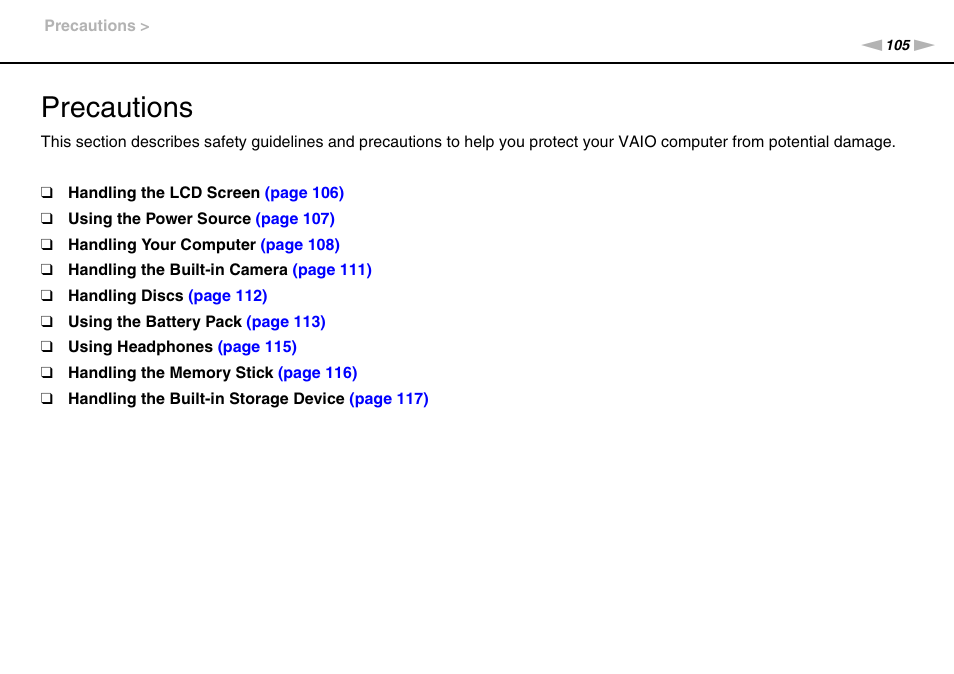 Precautions | Sony VGN-FW User Manual | Page 105 / 165