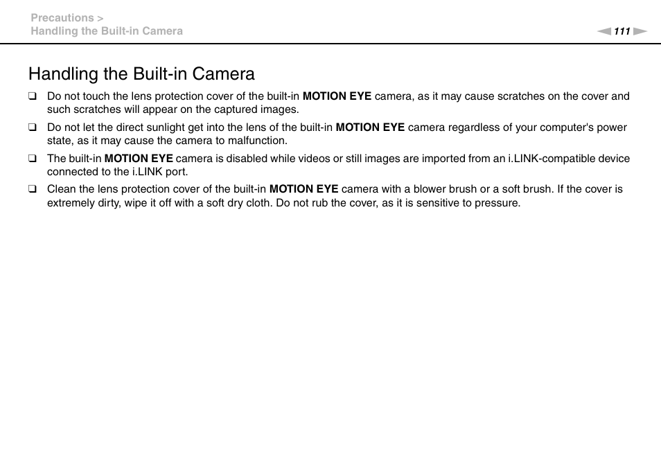 Handling the built-in camera | Sony VGN-FW User Manual | Page 111 / 165