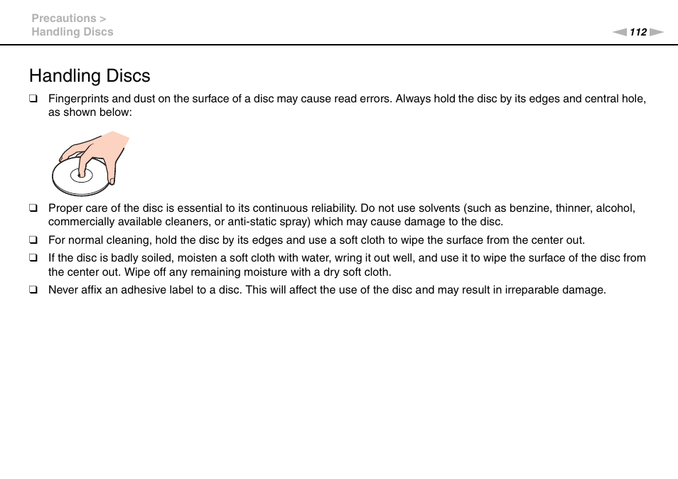 Handling discs | Sony VGN-FW User Manual | Page 112 / 165