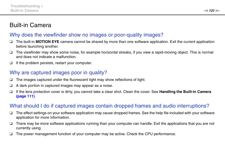 Built-in camera, Why are captured images poor in quality | Sony VGN-FW User Manual | Page 131 / 165