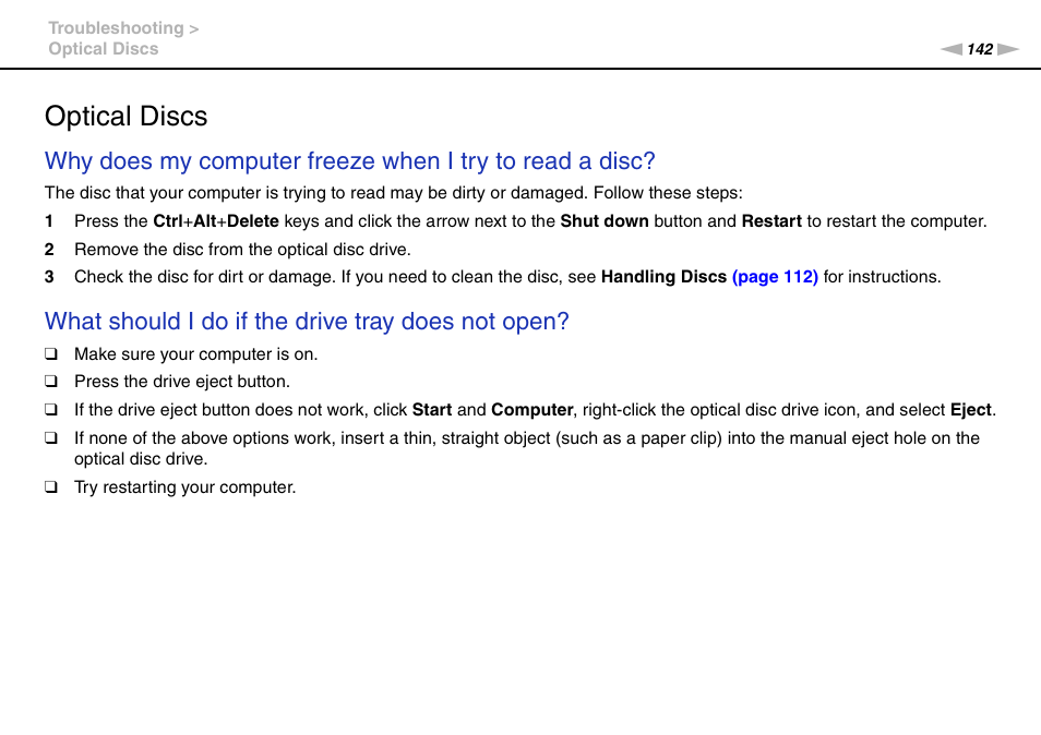 Optical discs, What should i do if the drive tray does not open | Sony VGN-FW User Manual | Page 142 / 165