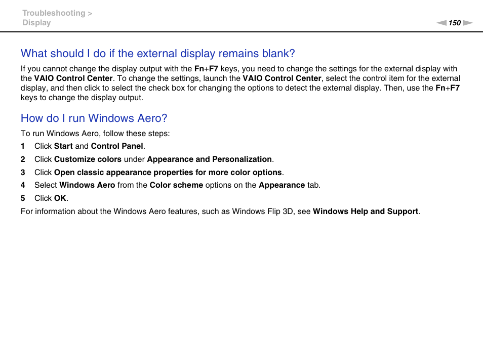 How do i run windows aero | Sony VGN-FW User Manual | Page 150 / 165