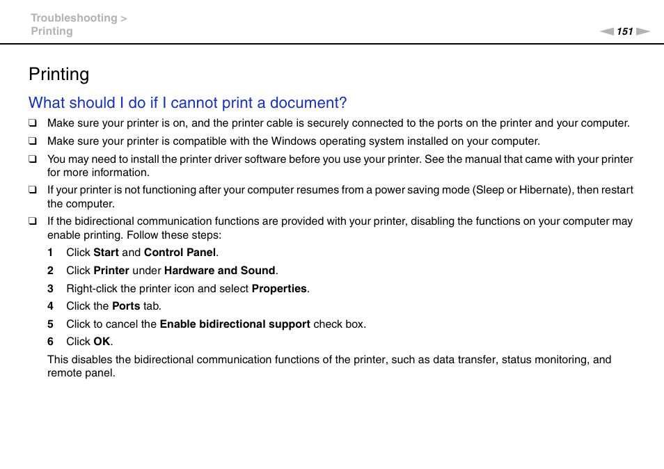 Printing, Inting, What should i do if i cannot print a document | Sony VGN-FW User Manual | Page 151 / 165