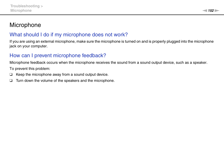 Microphone, What should i do if my microphone does not work, How can i prevent microphone feedback | Sony VGN-FW User Manual | Page 152 / 165