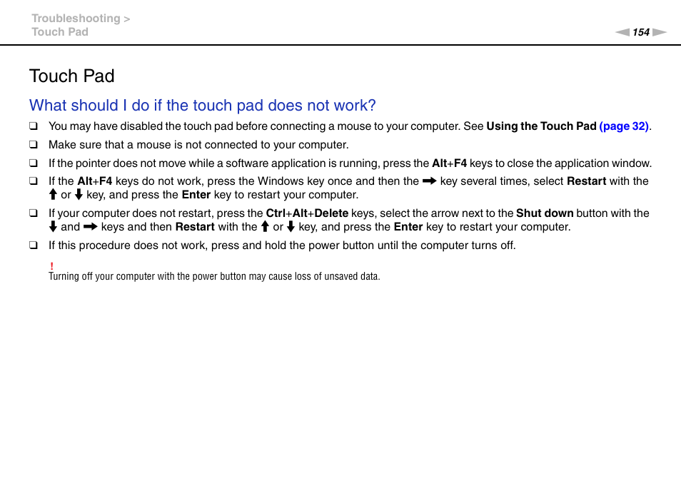 Touch pad, What should i do if the touch pad does not work | Sony VGN-FW User Manual | Page 154 / 165