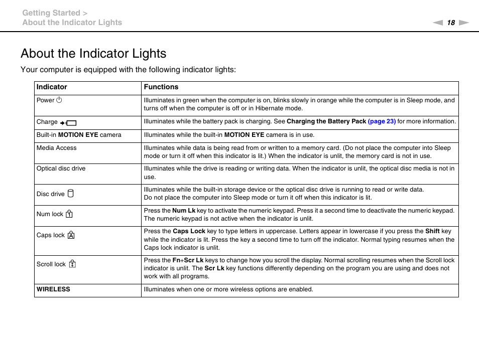 About the indicator lights | Sony VGN-FW User Manual | Page 18 / 165