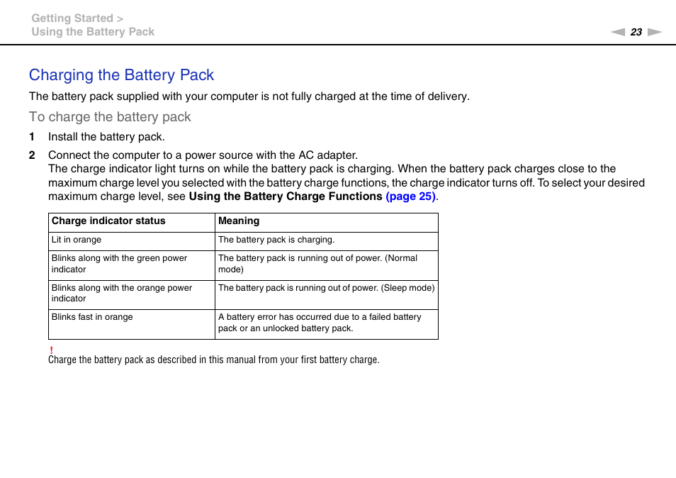 Charging the battery pack | Sony VGN-FW User Manual | Page 23 / 165