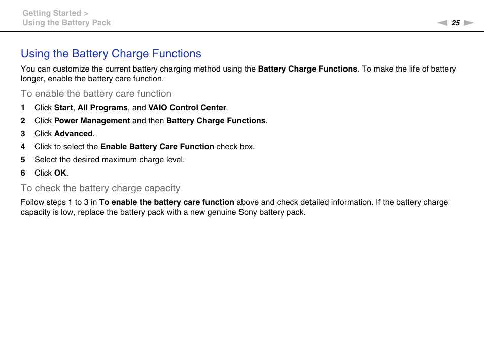 Using the battery charge functions | Sony VGN-FW User Manual | Page 25 / 165